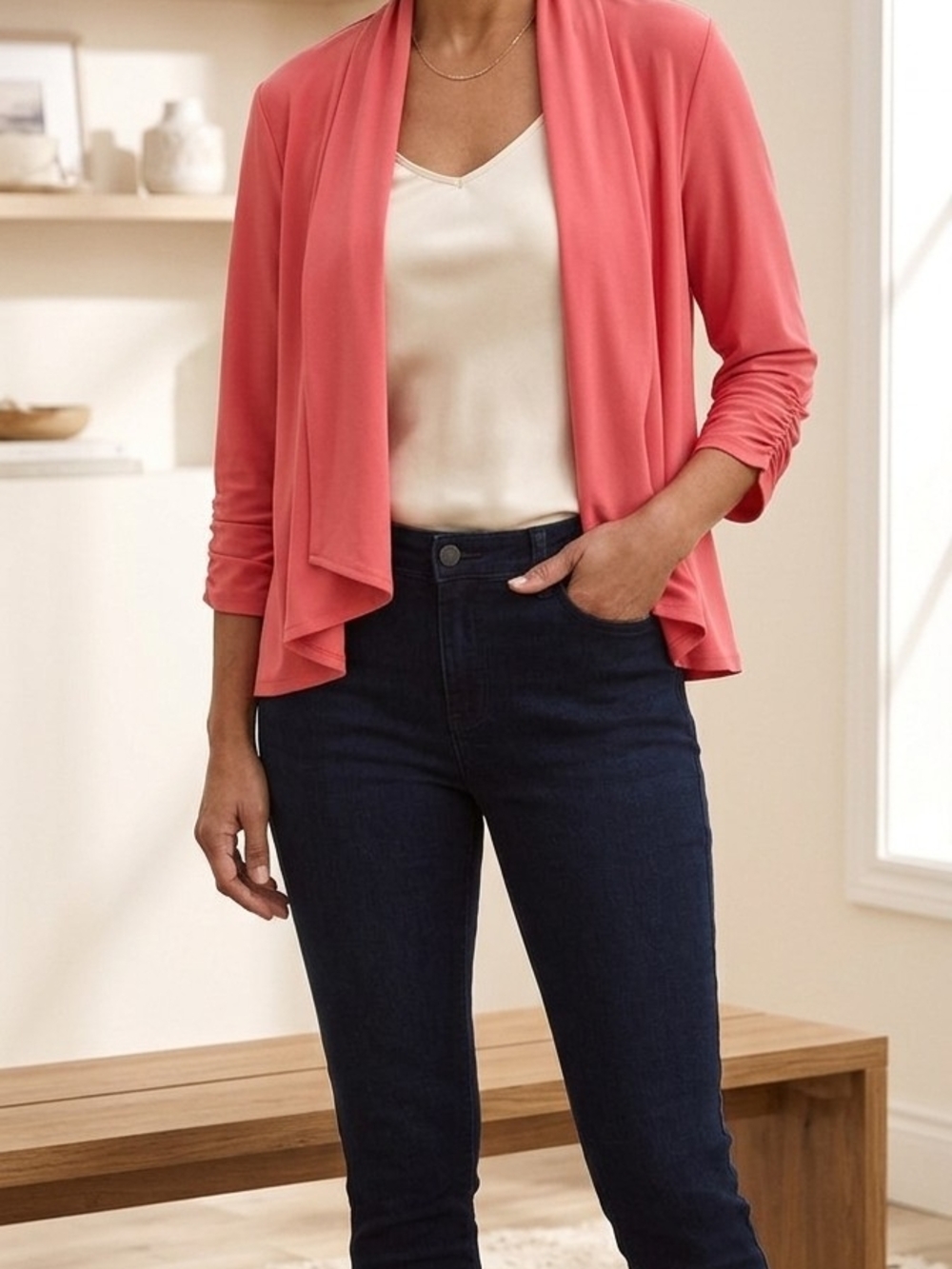 George Coral Open-Front Draped Cardigan.   WS 81